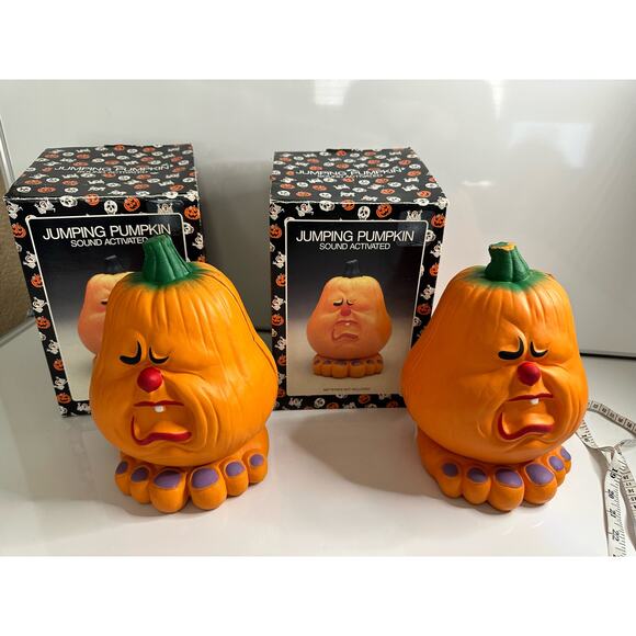Target Other - 2 new vintage Halloween grumpy pumpkin displays.  UNTESTED! Orange decoration